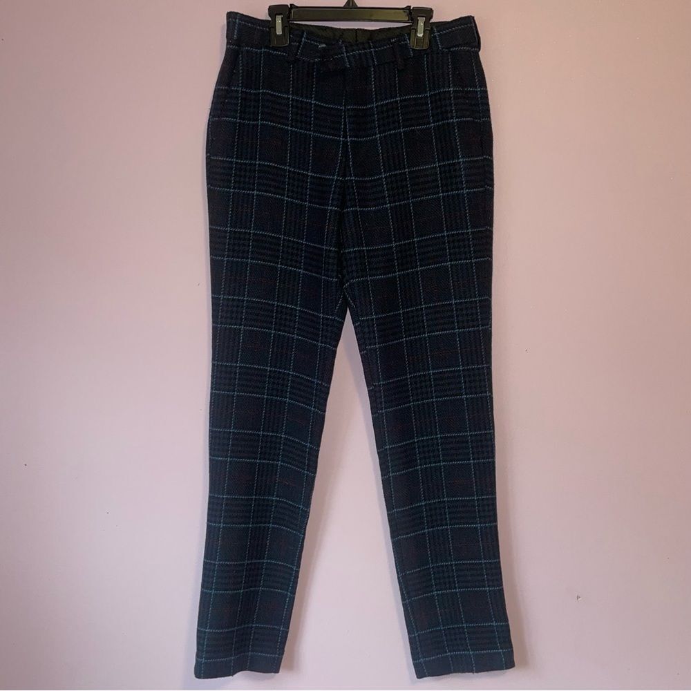 Feraud Size 30 Wool Blend Navy Blue Plaid Trouser Pants